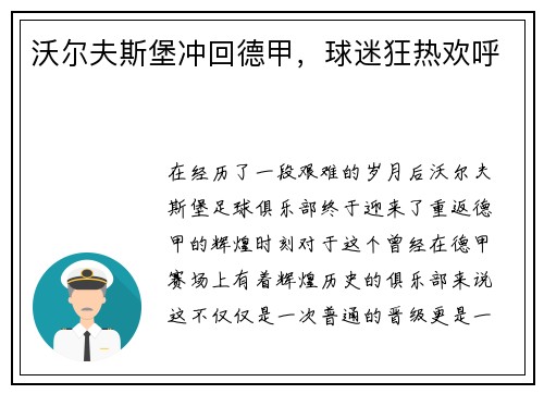 沃尔夫斯堡冲回德甲，球迷狂热欢呼