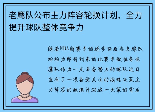 老鹰队公布主力阵容轮换计划，全力提升球队整体竞争力