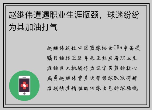 赵继伟遭遇职业生涯瓶颈，球迷纷纷为其加油打气