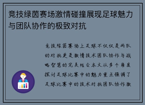 竞技绿茵赛场激情碰撞展现足球魅力与团队协作的极致对抗