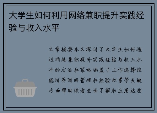 大学生如何利用网络兼职提升实践经验与收入水平