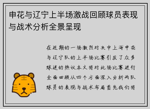 申花与辽宁上半场激战回顾球员表现与战术分析全景呈现