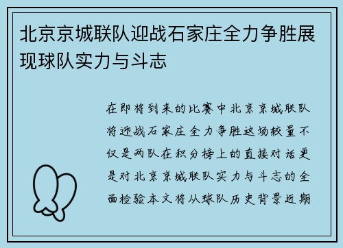 北京京城联队迎战石家庄全力争胜展现球队实力与斗志
