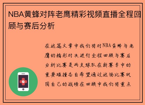 NBA黄蜂对阵老鹰精彩视频直播全程回顾与赛后分析