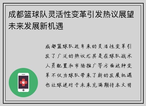 成都篮球队灵活性变革引发热议展望未来发展新机遇