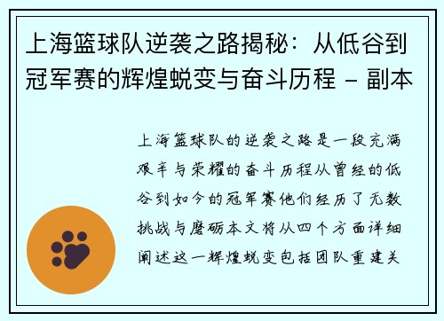 上海篮球队逆袭之路揭秘：从低谷到冠军赛的辉煌蜕变与奋斗历程 - 副本