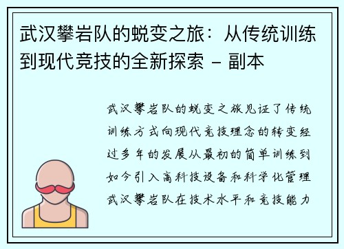 武汉攀岩队的蜕变之旅：从传统训练到现代竞技的全新探索 - 副本